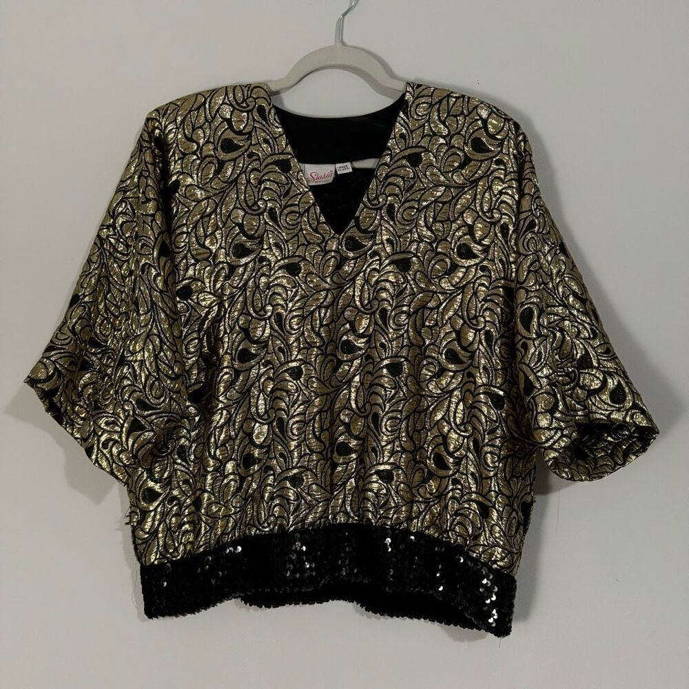 Vintage 80s Gold Metallic Black Sequin Rayon Glam Retro Top M